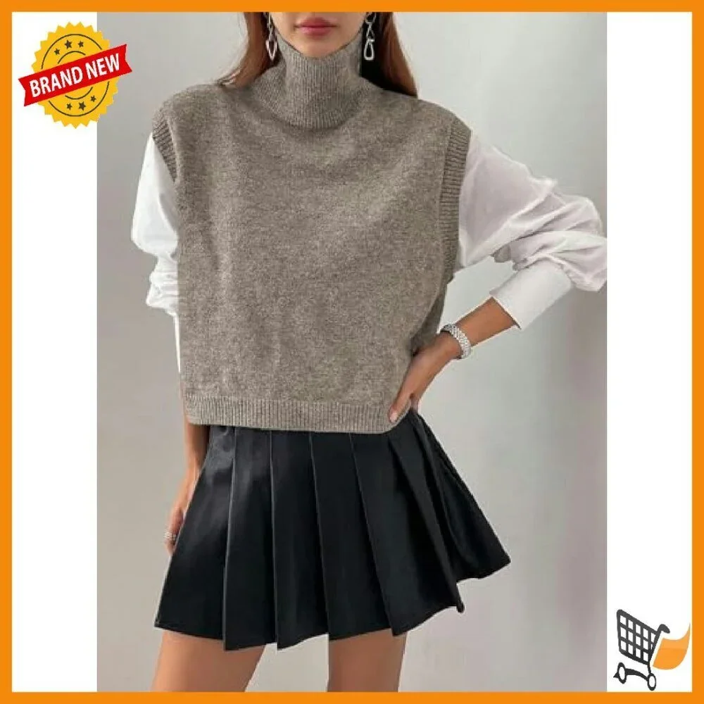 Cotton Blend Turtleneck Crop Sweater Vest Sleeveless Loose Fit